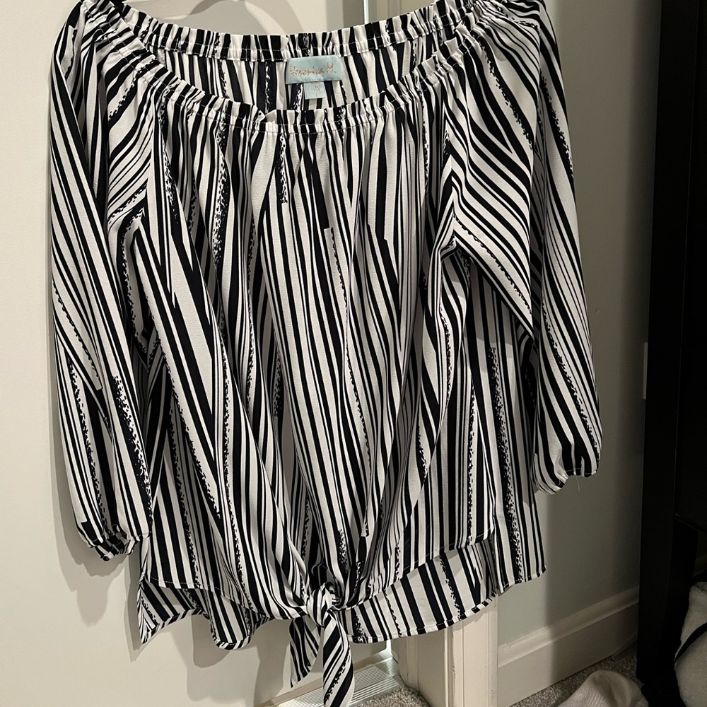 Veronica M off the shoulder blouse. Black and white stripe with tie